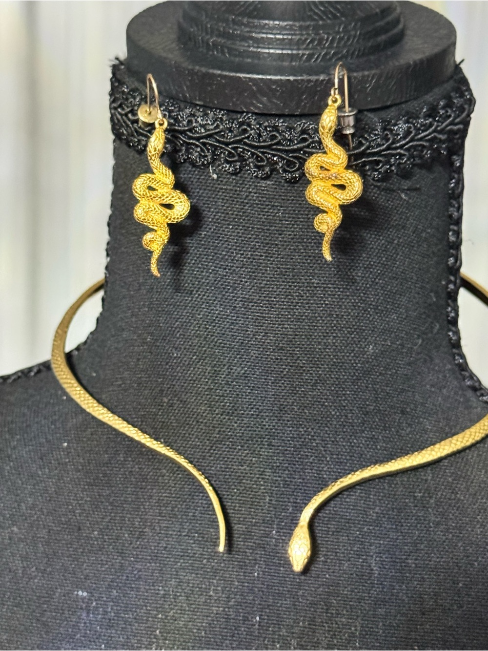 Gold Tone Snake Choker and Dangle Earrings — Gold Serpent Earrings